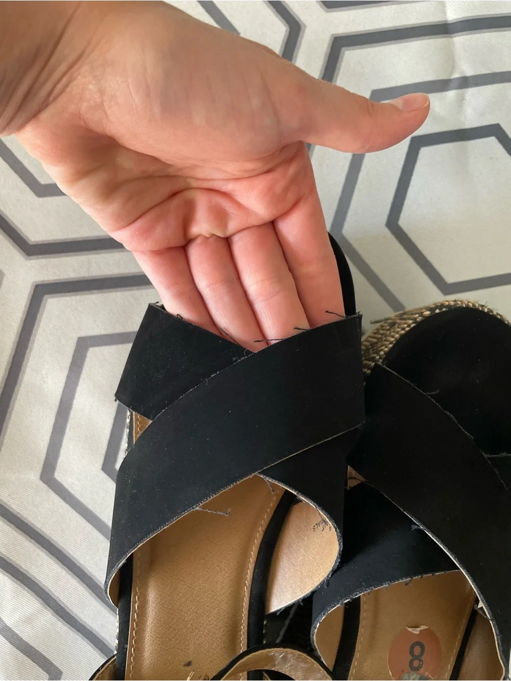 Report | Peppermint Crisscross Black Faux Suede Platform Wedge Sandal